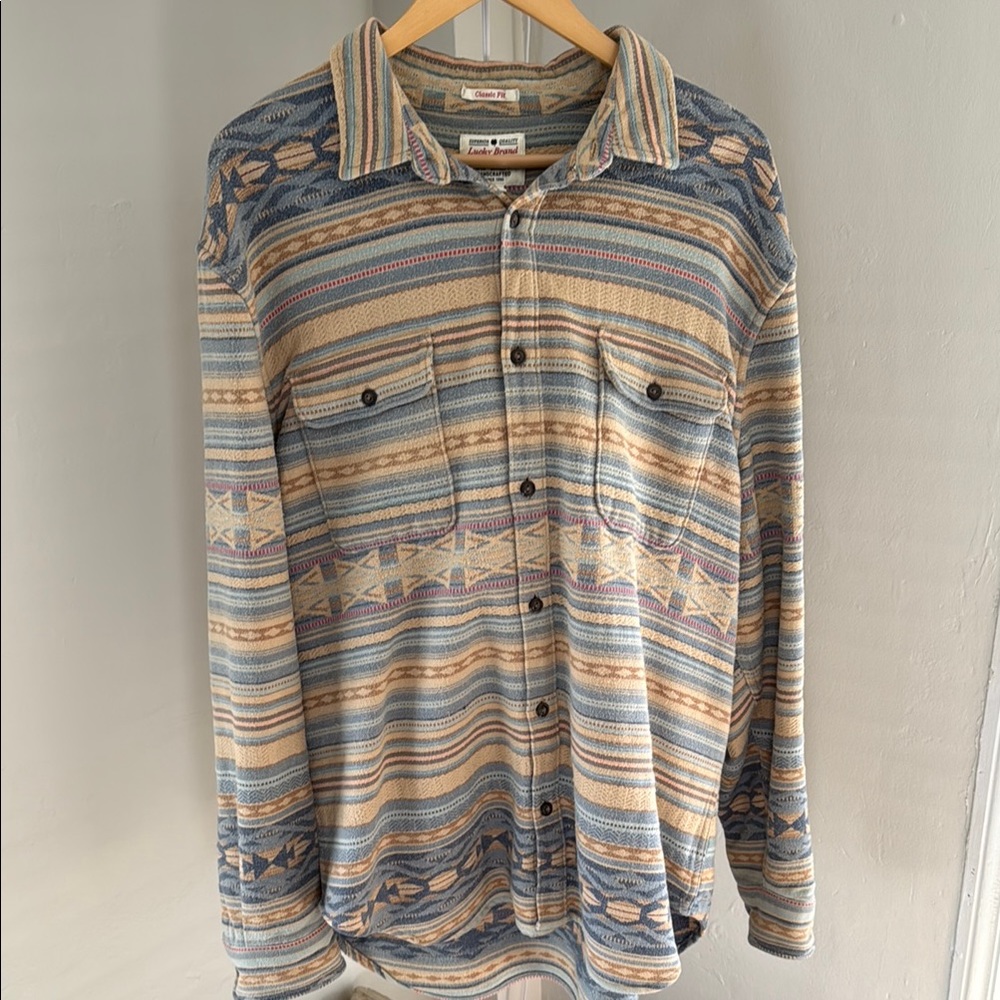 Lucky Brand Striped Button-Up Shirt in Blue and Tan